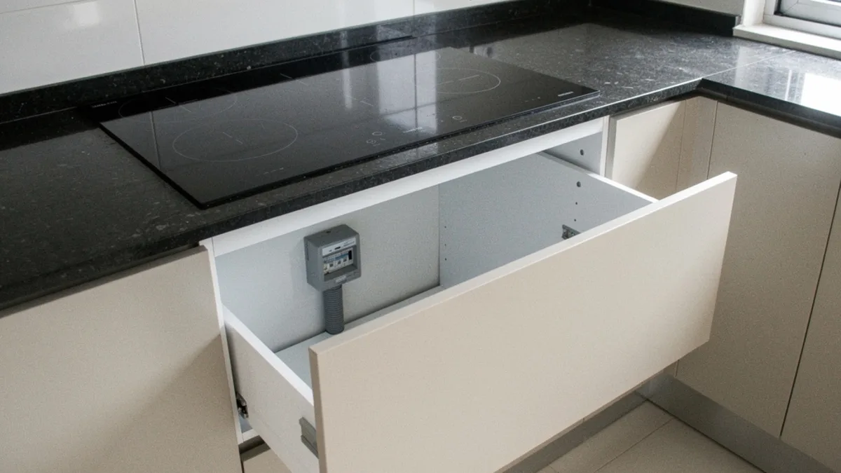 Anafe de inducción empotrado en mesada con caja de conexión eléctrica en el bajo mesada