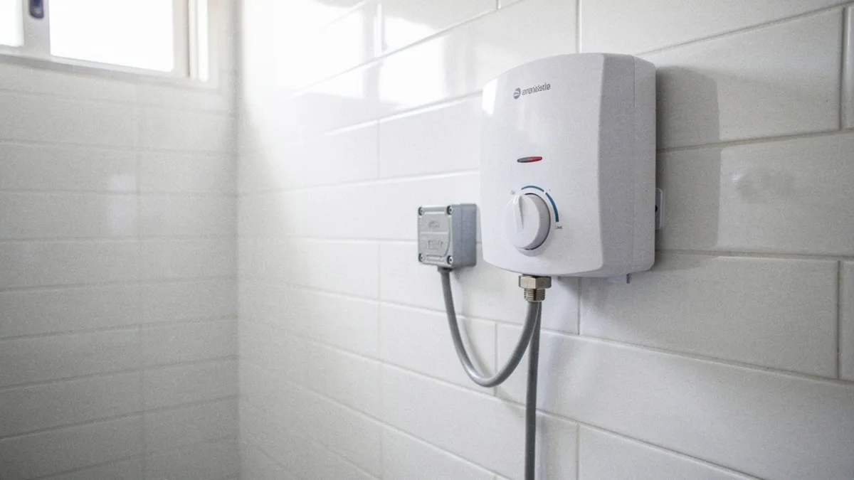 Calefón eléctrico instalado en baño con conexión fija y caja de conexión a la vista