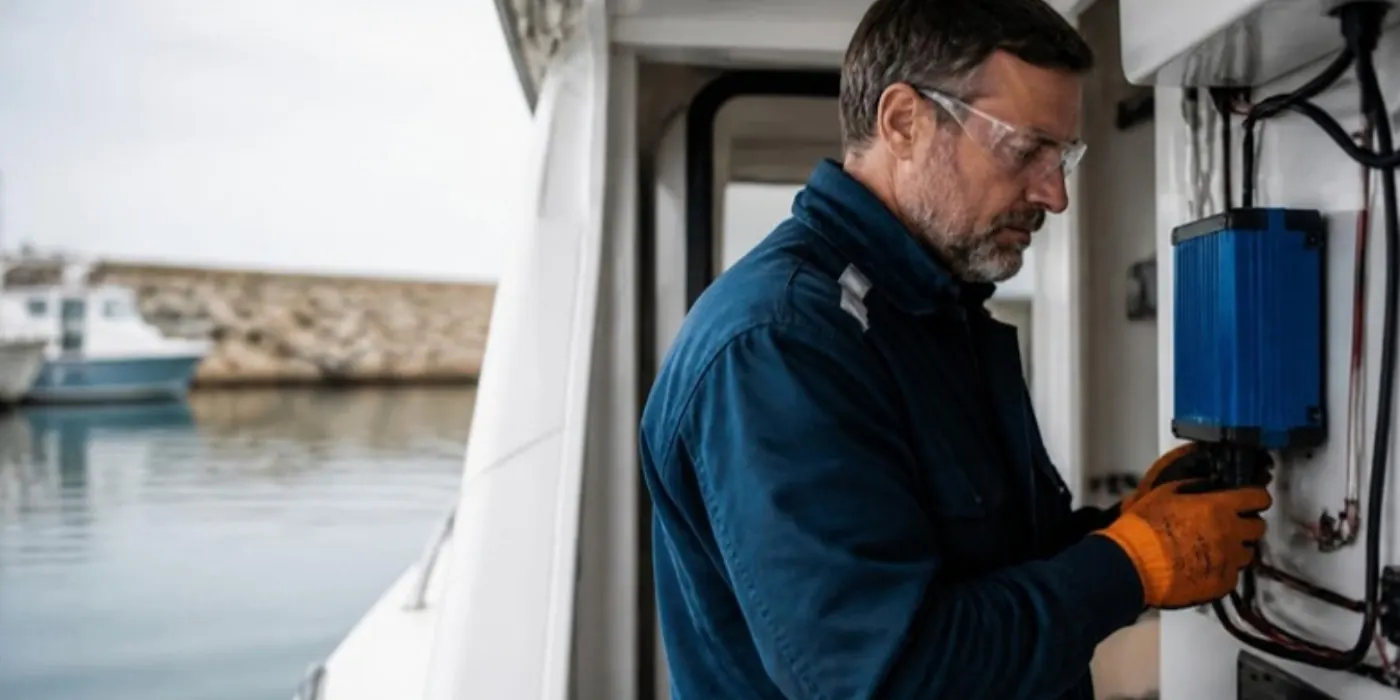 Electricista naval revisando el cargador de baterías de una lancha amarrada en un puerto protegido