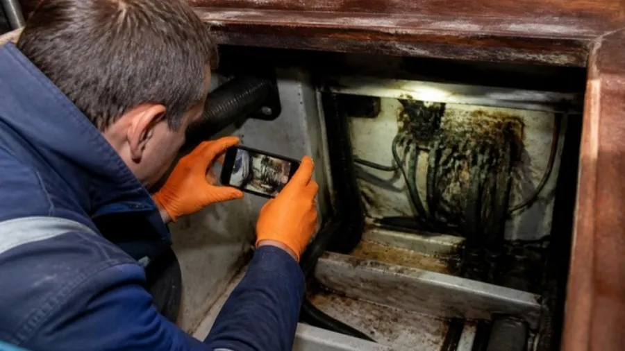 Técnico midiendo la tensión de las baterías de un crucero durante una inspección eléctrica