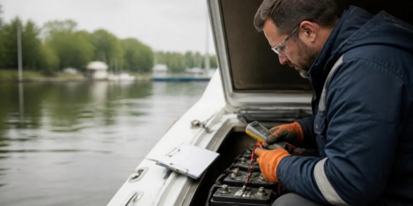 Electricista naval midiendo con multímetro la instalación de una lancha durante una inspección