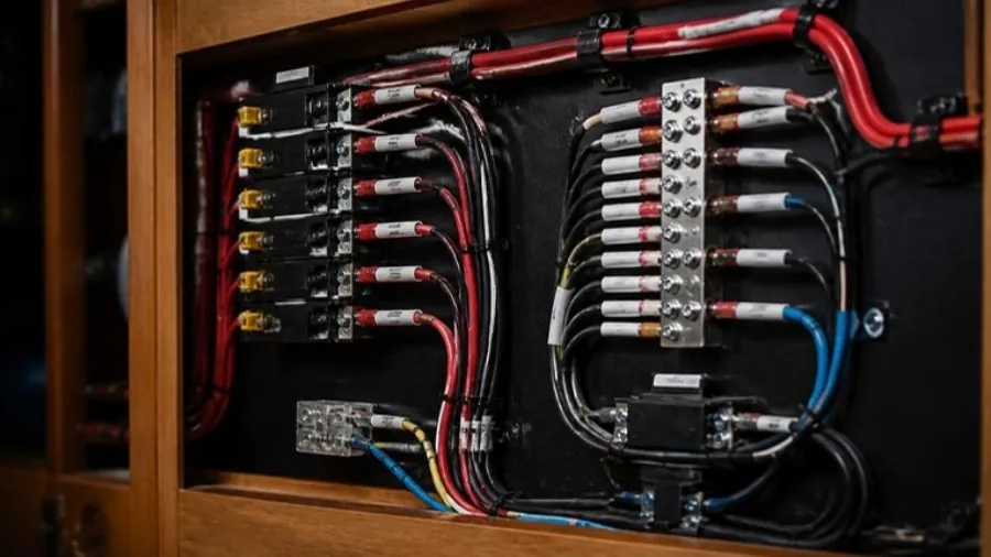 Tablero eléctrico de embarcación con circuitos rotulados y cable marino estañado
