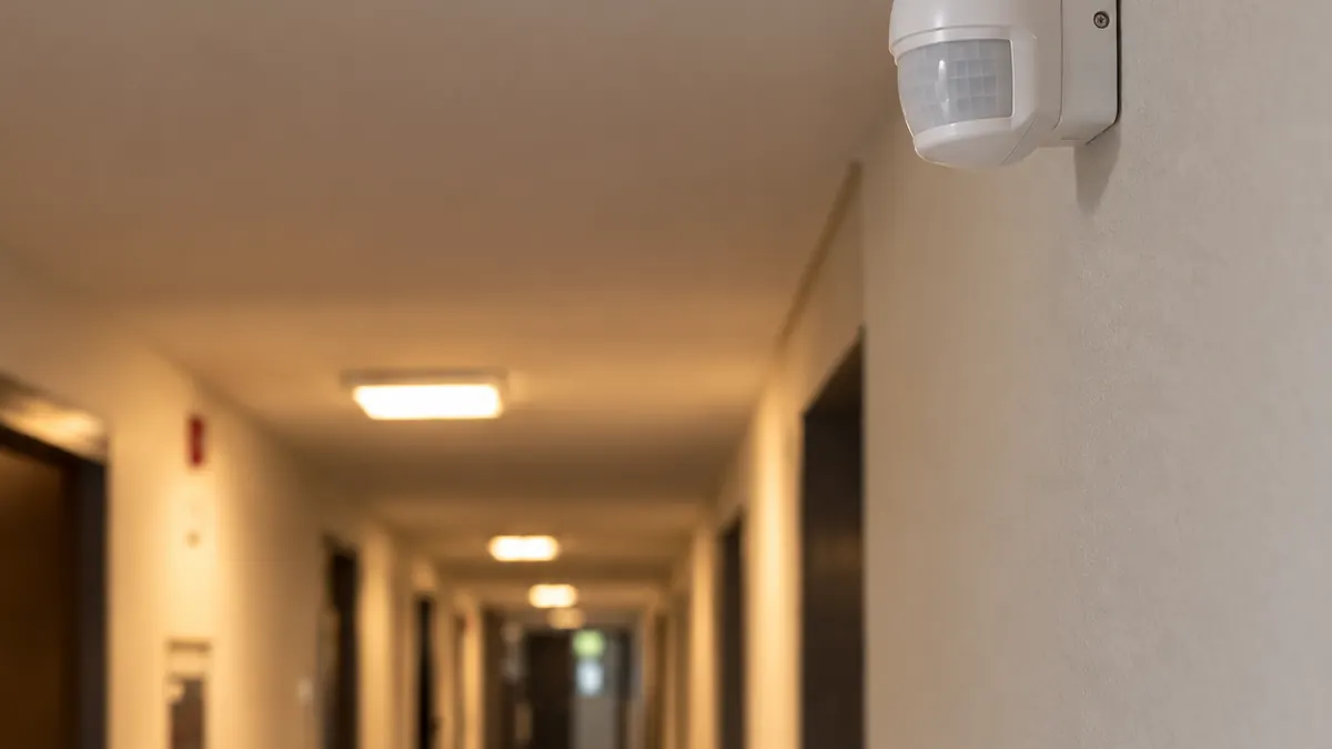 Sensor de movimiento instalado en pasillo de espacio común con luminaria LED
