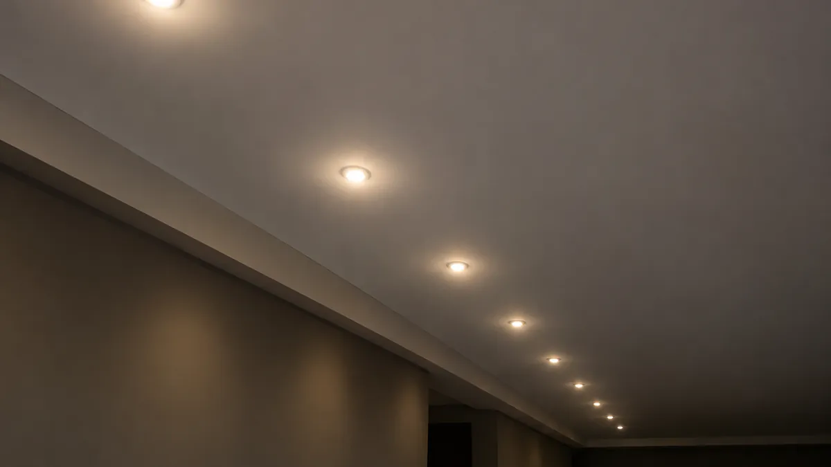 Spots LED embutidos alineados en cielorraso de durlock recién terminado
