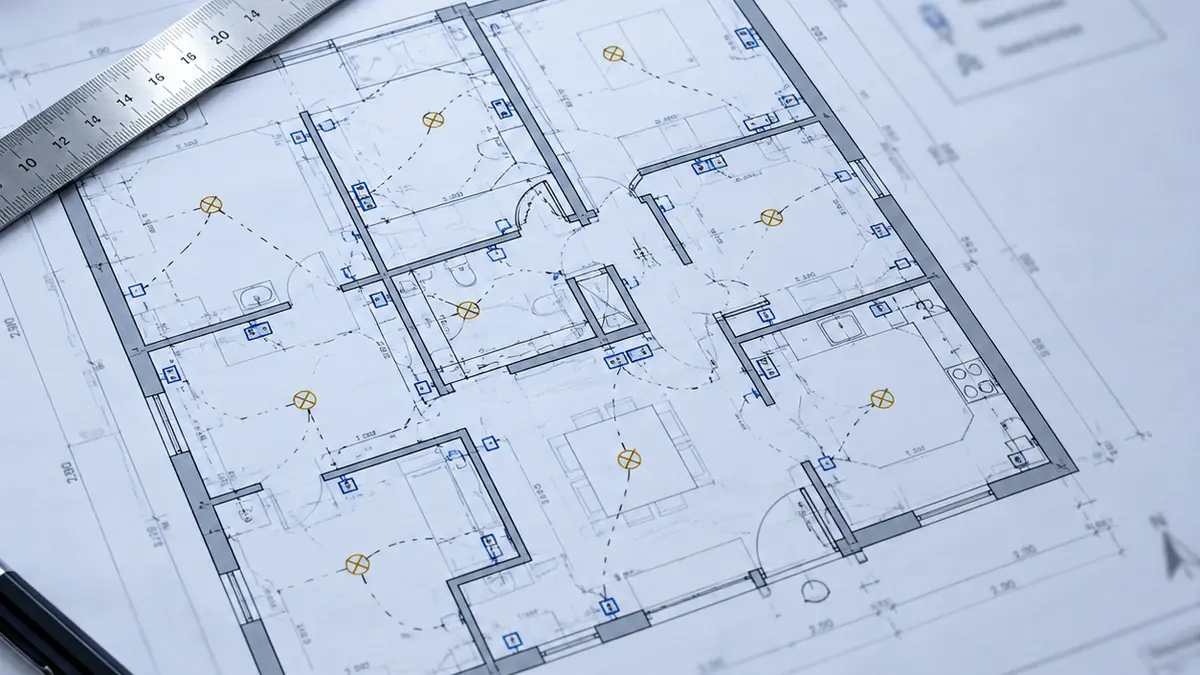 Plano eléctrico de planta de vivienda con simbología de bocas, tomas y centros de luz
