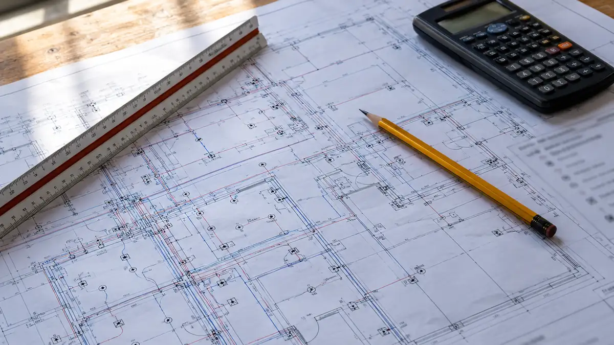 Plano de proyecto eléctrico con esquema unifilar y cuadro de cargas sobre mesa de trabajo